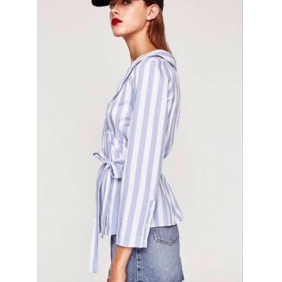 Zara Striped Wrap Blouse with Belt in Blue and White Size XS NEW WITHOUT TAG! - Picture 7 of 7